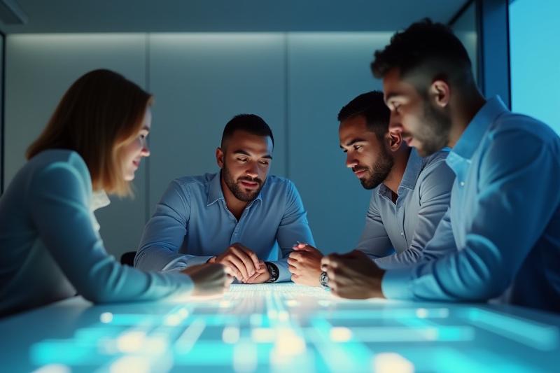 Un equipo colaborando en un espacio de trabajo moderno con proyecciones de luz y elementos ópticos, simbolizando innovación y soluciones claras.